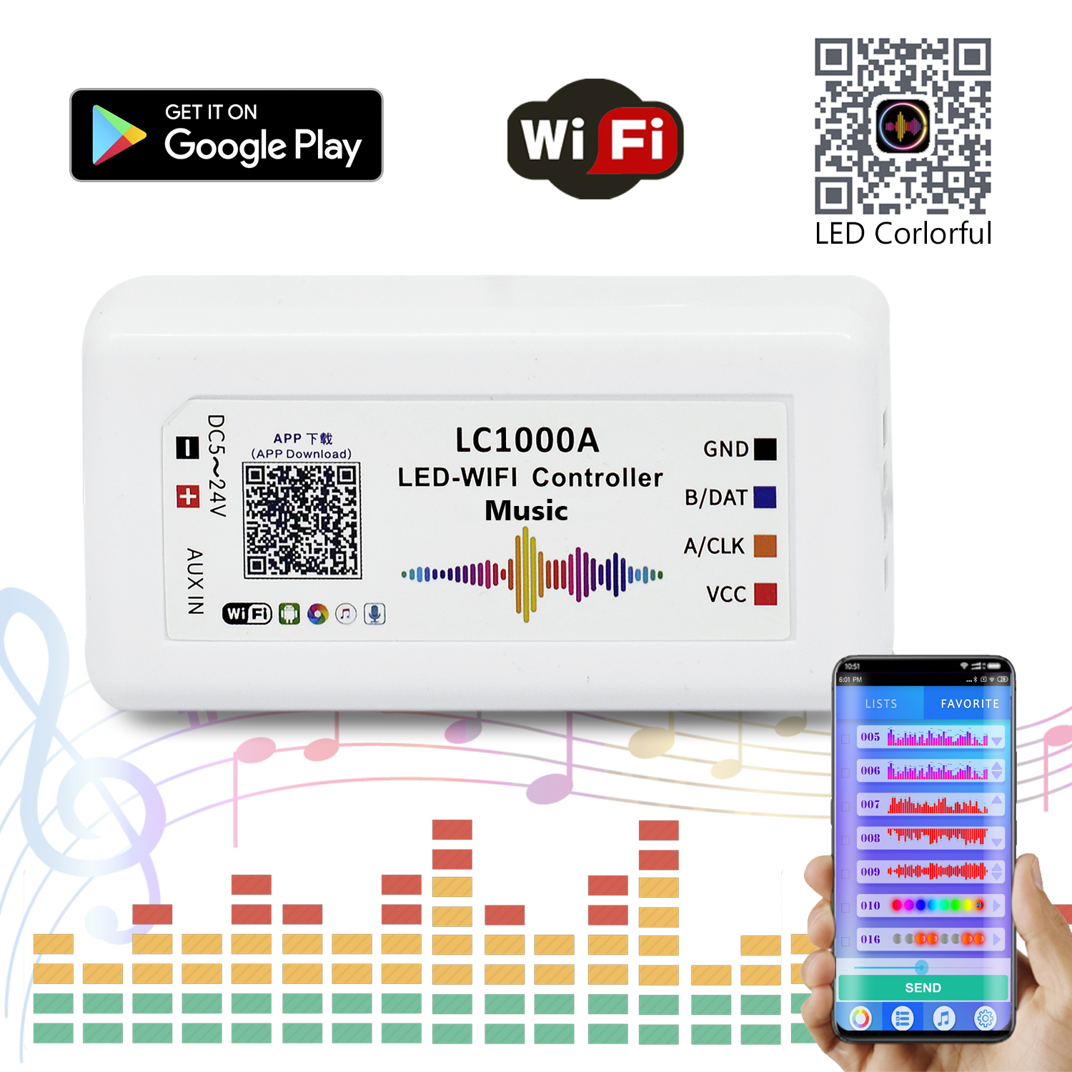 DC7-24V LC-1000A LED WiFi Music Spectrum Android Controller, For DMX512, LPD6803,WS2811,WS2812B, WS2801 Addressable LED Strip Lights, APP Surport Input Content, Google Play Download